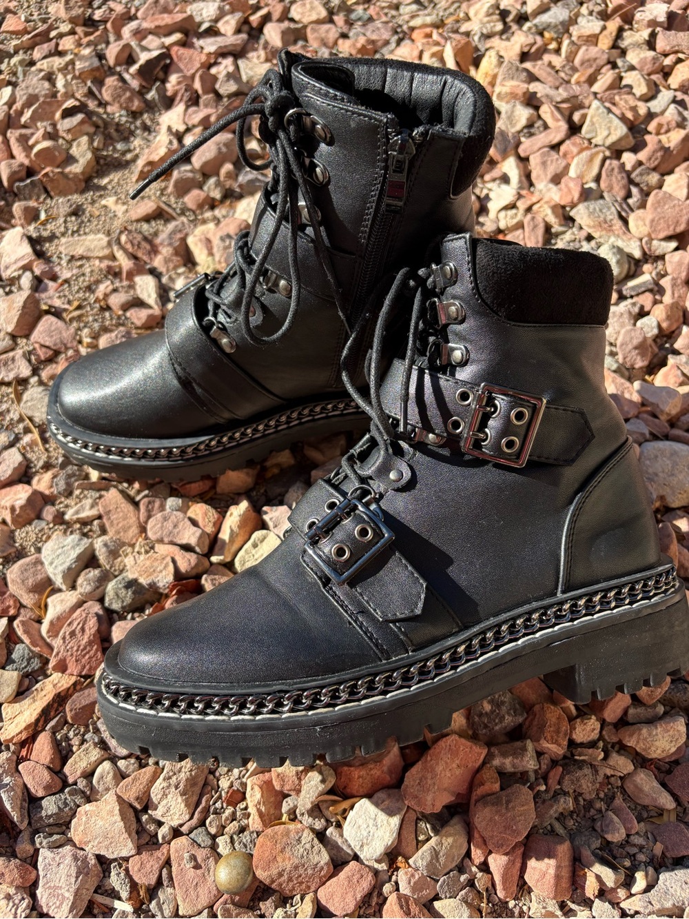 PrettyLittleThing Black Biker Moto Chain Buckle Boots Size 8